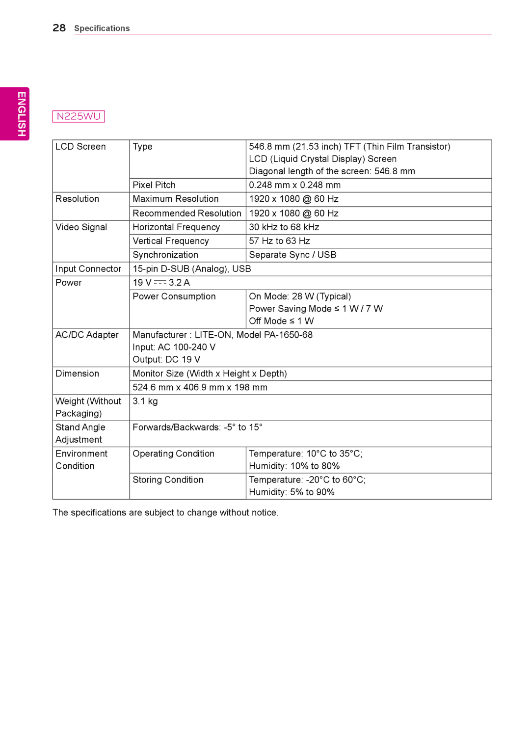 LG Electronics N225WU owner manual Specifications 