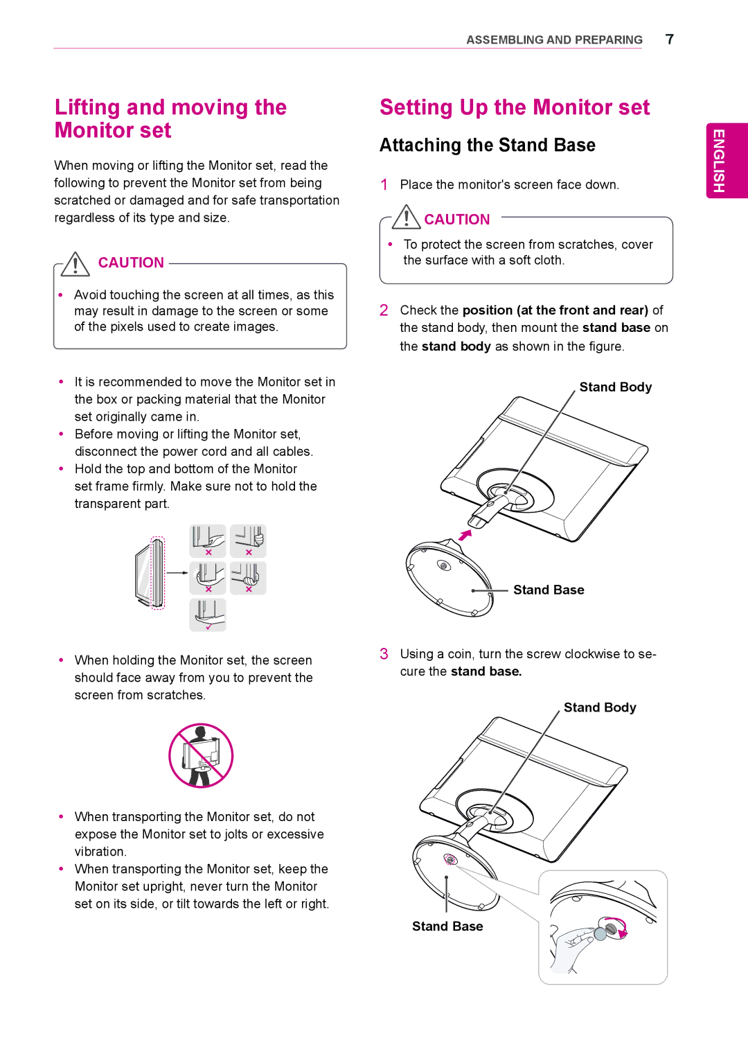 LG Electronics N225WU owner manual Lifting and moving the Monitor set, Setting Up the Monitor set, Attaching the Stand Base 