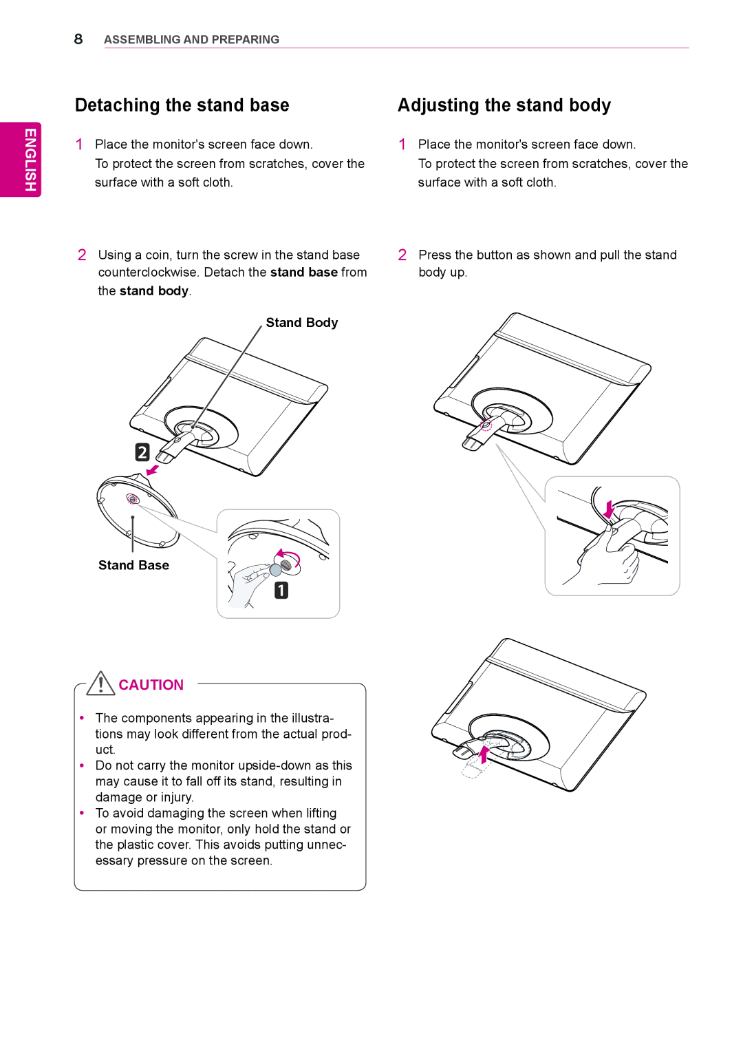 LG Electronics N225WU owner manual Detaching the stand base Adjusting the stand body, Stand body Stand Body Stand Base 