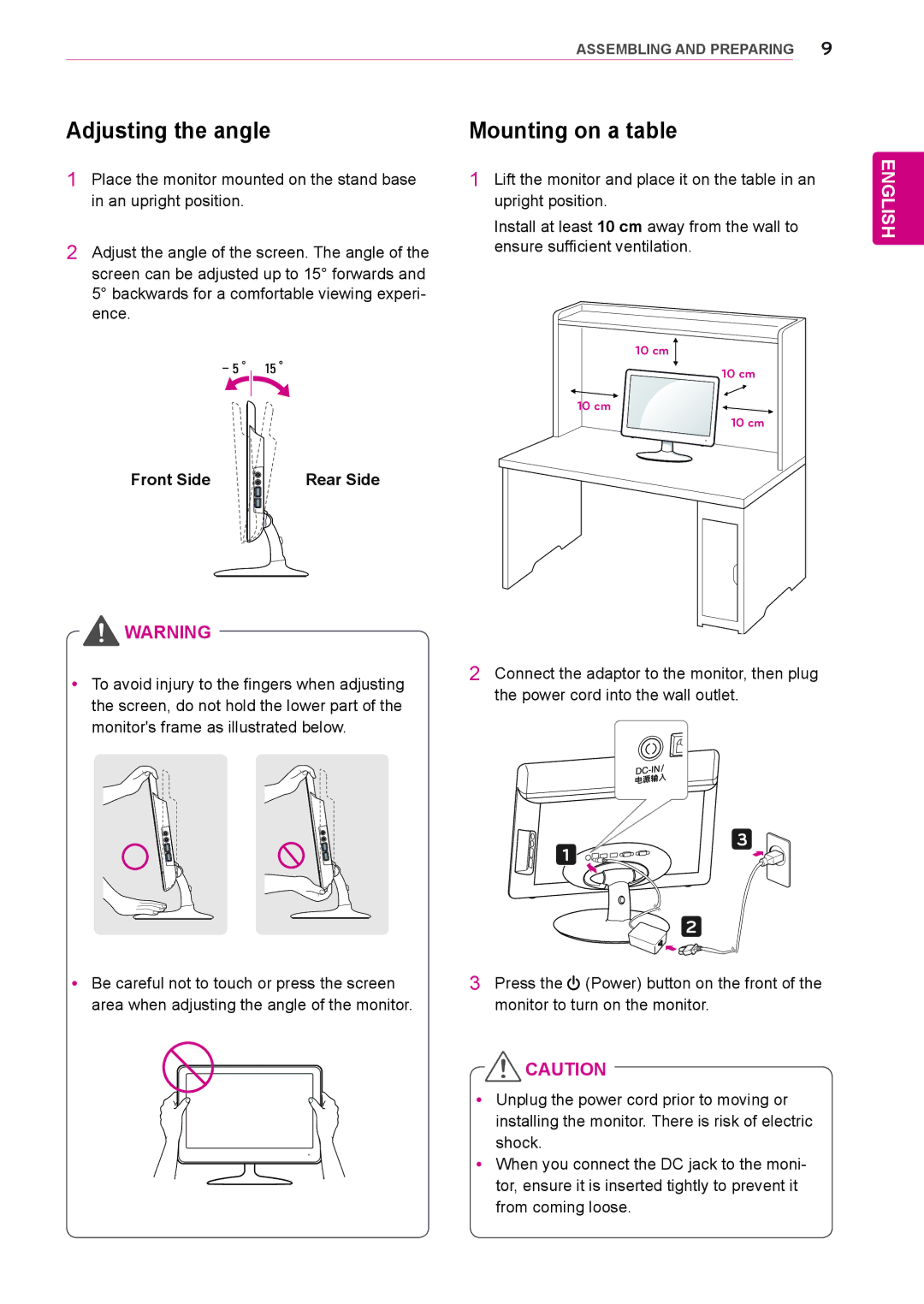 LG Electronics N225WU owner manual Adjusting the angle, Mounting on a table, Front Side Rear Side 