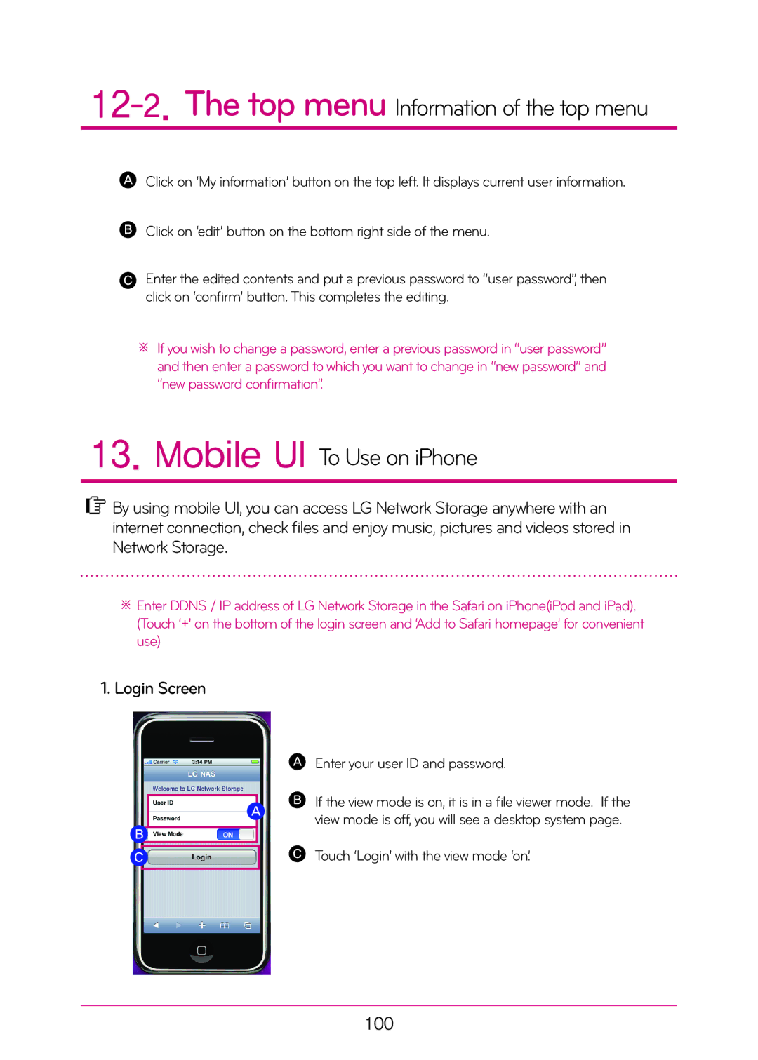 LG Electronics N2A2, N2T2 manual Top menu Information of the top menu, Mobile UI To Use on iPhone, Login Screen, 100 