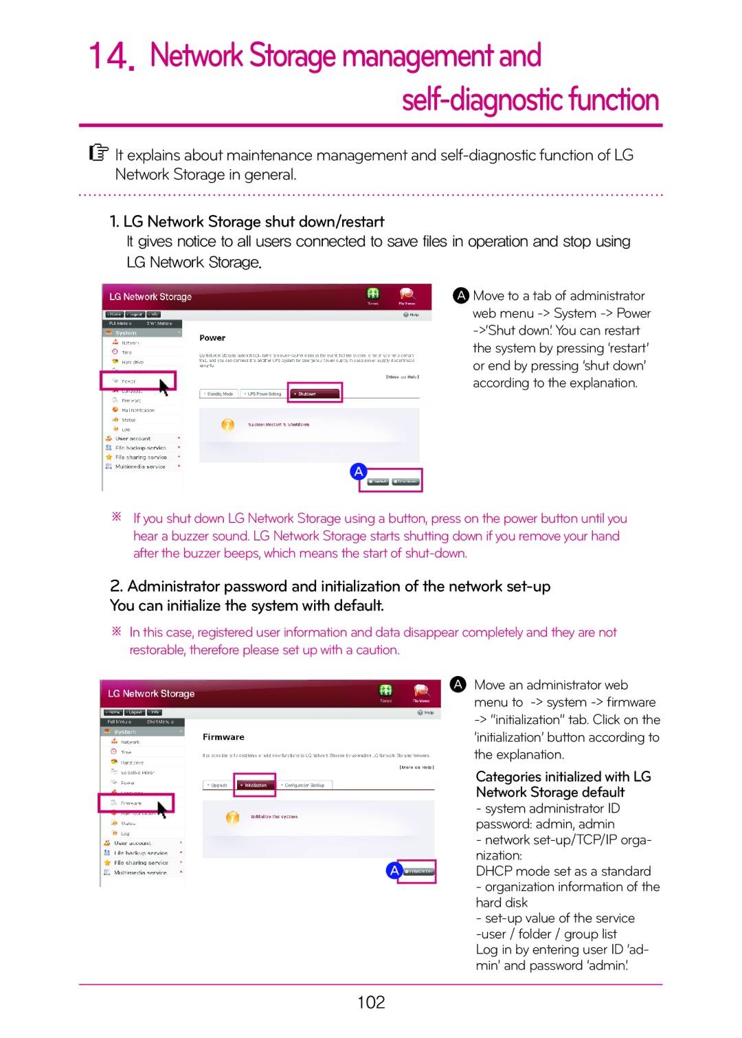 LG Electronics N2A2, N2T2 manual Network Storage management, 102, Categories initialized with LG Network Storage default 