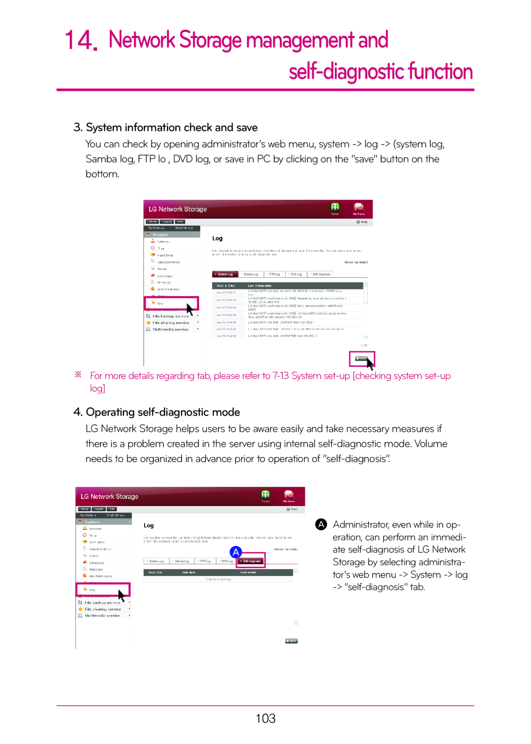LG Electronics N2T2, N2A2 manual Network Storage management Self-diagnosticfunction, System information check and save, 103 