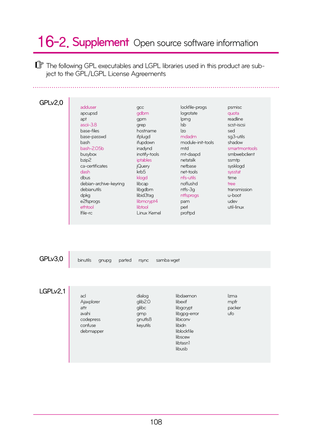 LG Electronics N2A2, N2T2 manual Supplement Open source software information, 108, GPLv2.0, GPLv3.0, LGPLv2.1 
