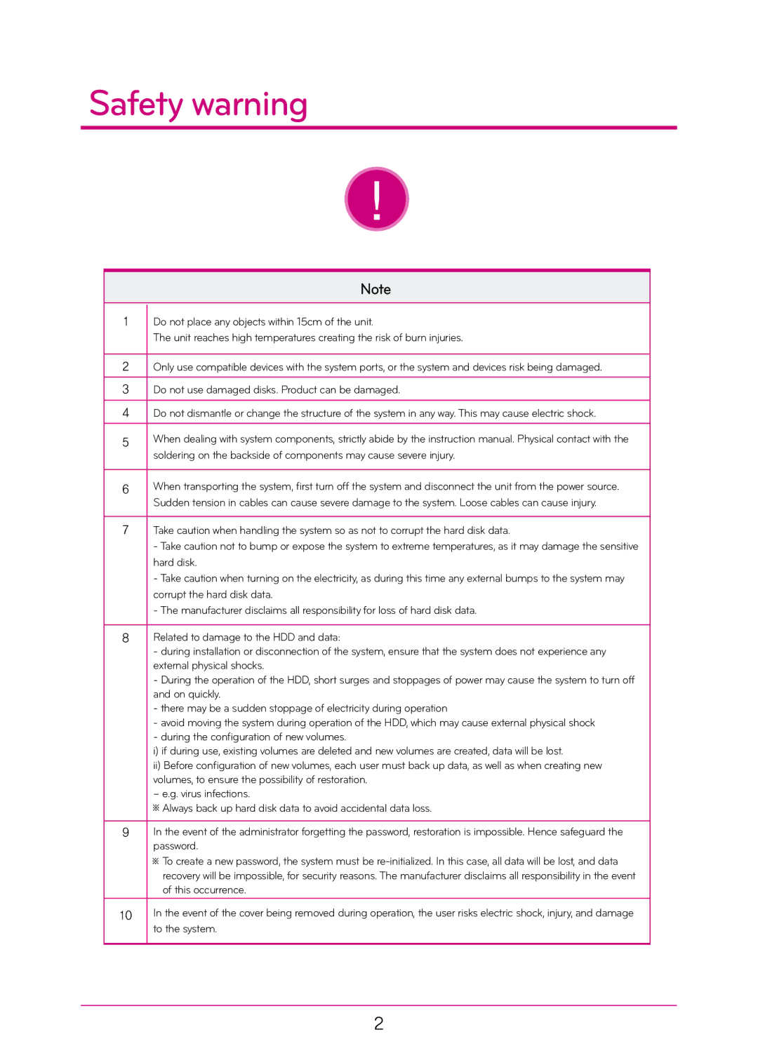 LG Electronics N2A2, N2T2 manual Safety warning 