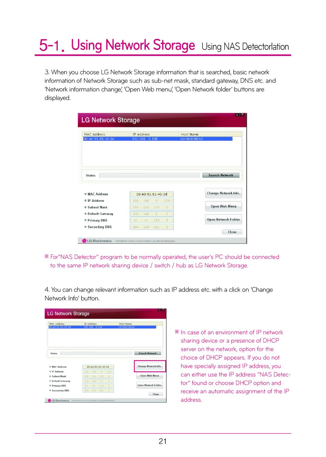 LG Electronics N2T2, N2A2 manual Using Network Storage Using NAS Detectorlation 