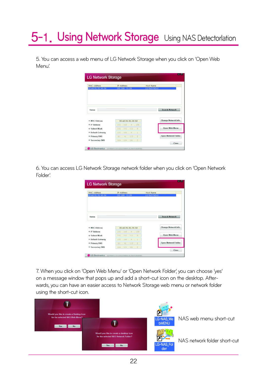 LG Electronics N2A2, N2T2 manual Using Network Storage Using NAS Detectorlation 