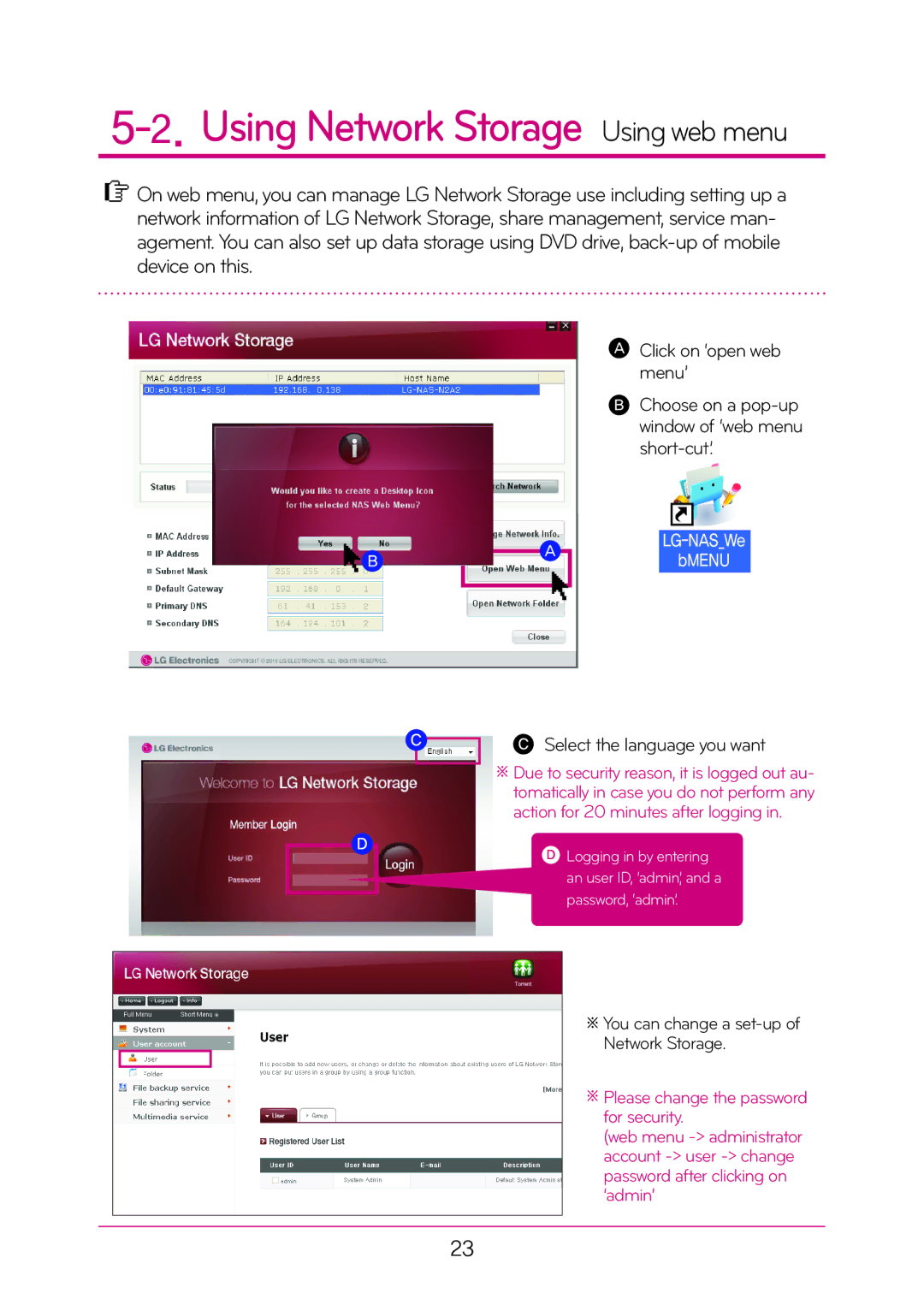 LG Electronics N2T2, N2A2 Using Network Storage Using web menu, Click on ‘open web menu’, Select the language you want 