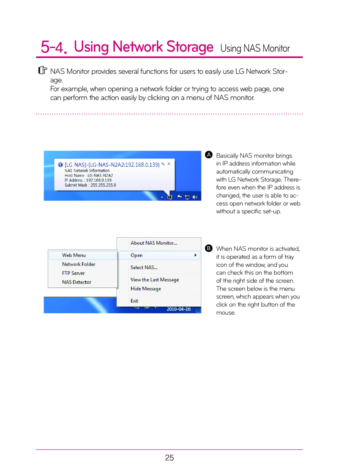 LG Electronics N2T2, N2A2 manual Using Network Storage Using NAS Monitor 