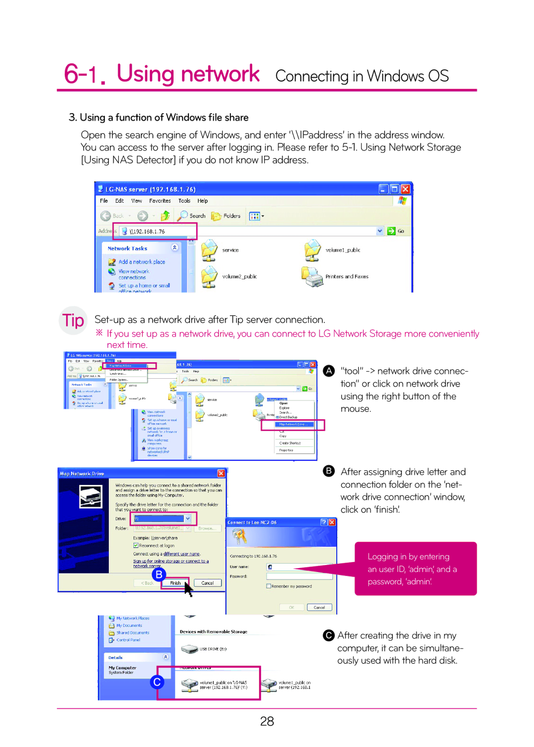 LG Electronics N2A2, N2T2 Using a function of Windows file share, Set-up as a network drive after Tip server connection 