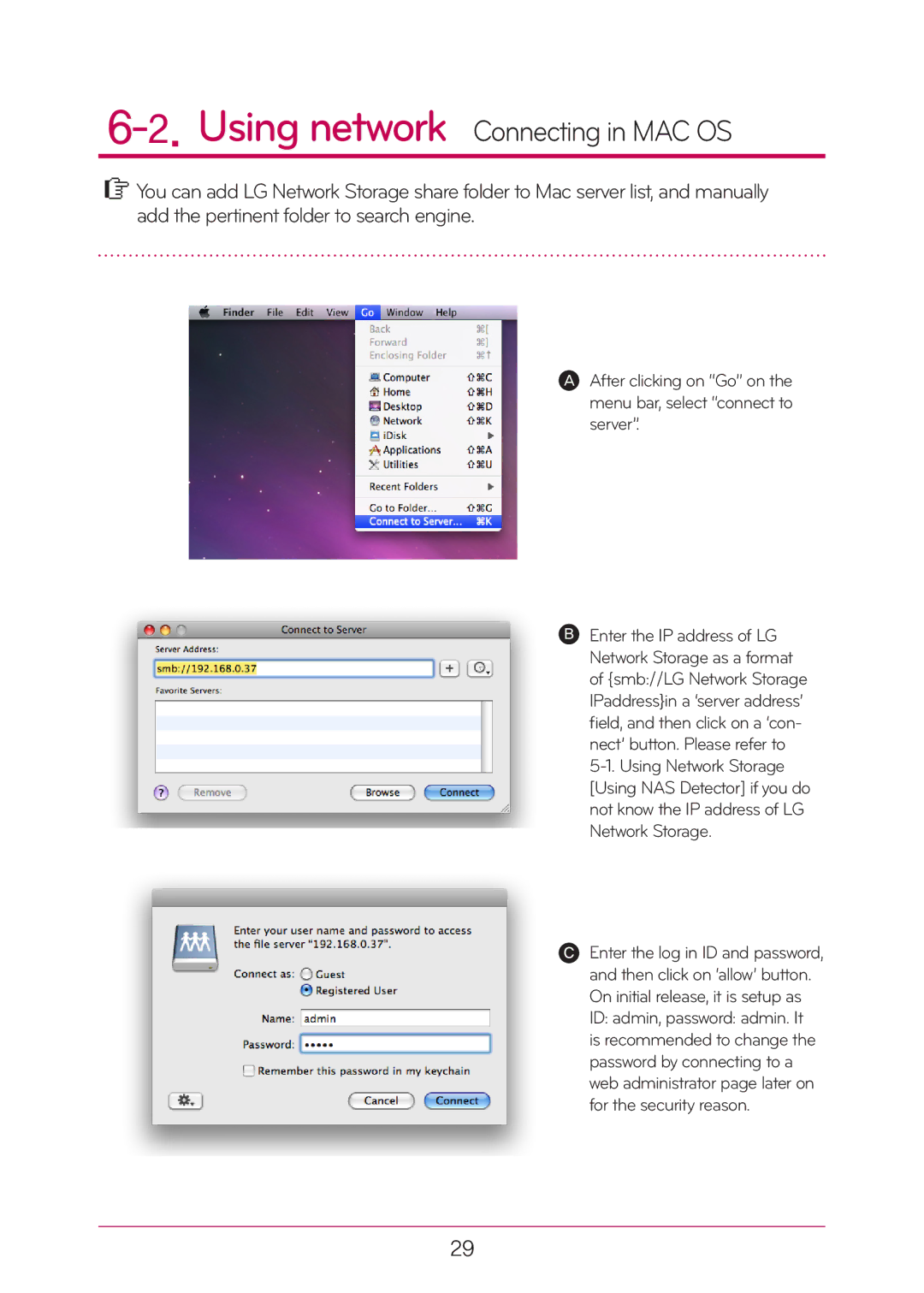 LG Electronics N2T2, N2A2 manual Using network Connecting in MAC OS 