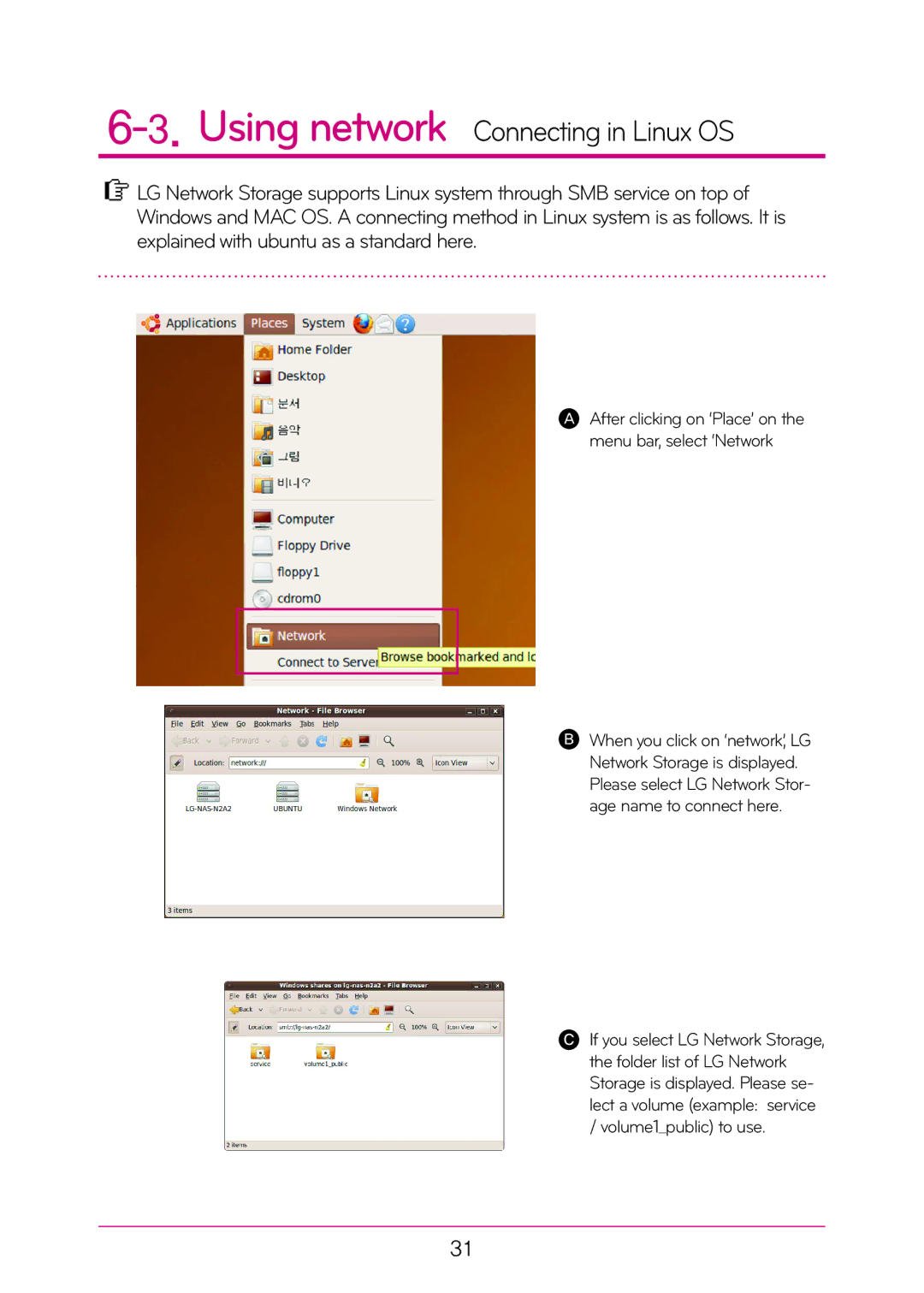 LG Electronics N2T2, N2A2 Using network Connecting in Linux OS, After clicking on ‘Place’ on the menu bar, select ‘Network 