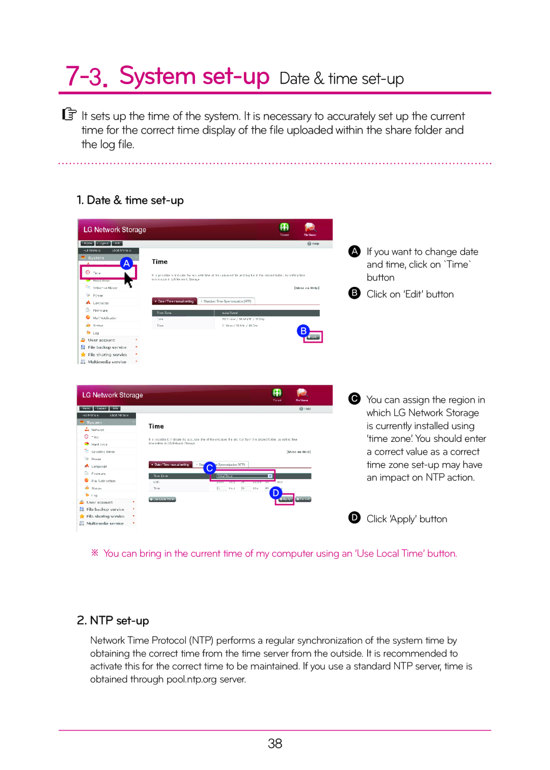 LG Electronics N2A2, N2T2 manual System set-upDate & time set-up, NTP set-up 