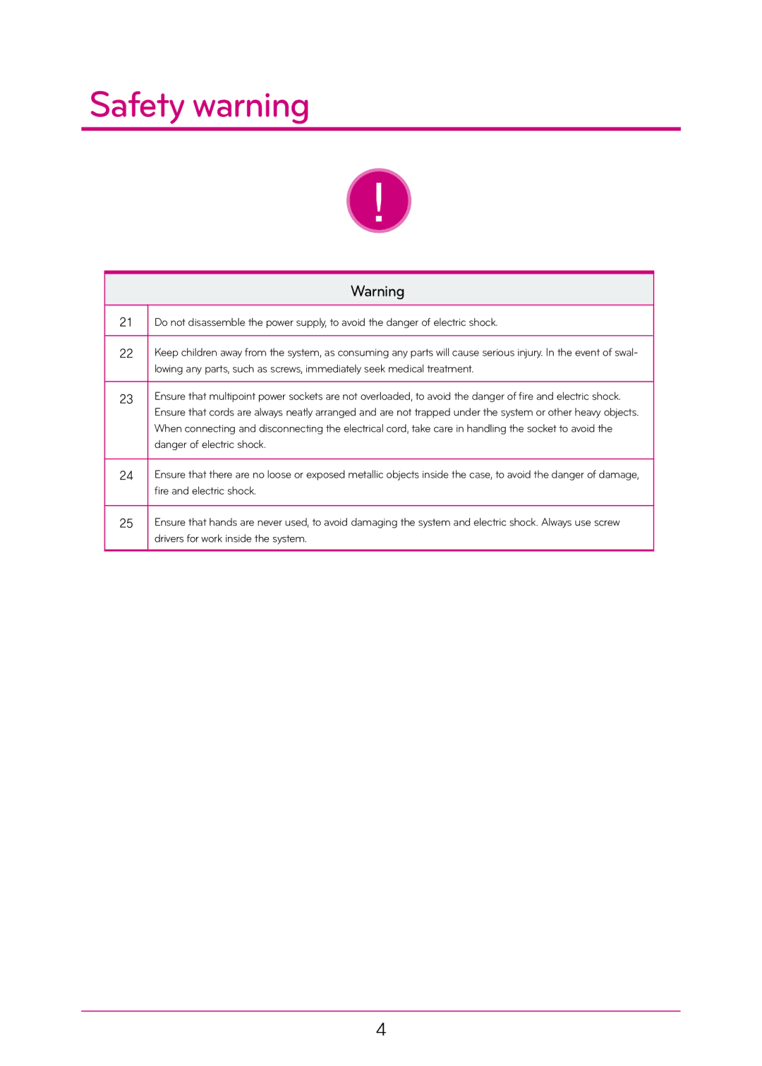 LG Electronics N2A2, N2T2 manual Safety warning 