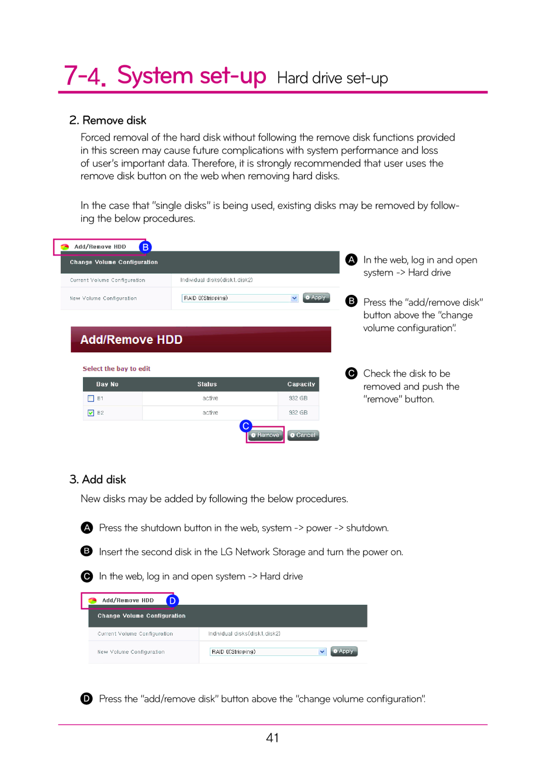 LG Electronics N2T2, N2A2 manual Remove disk, Add disk, New disks may be added by following the below procedures 