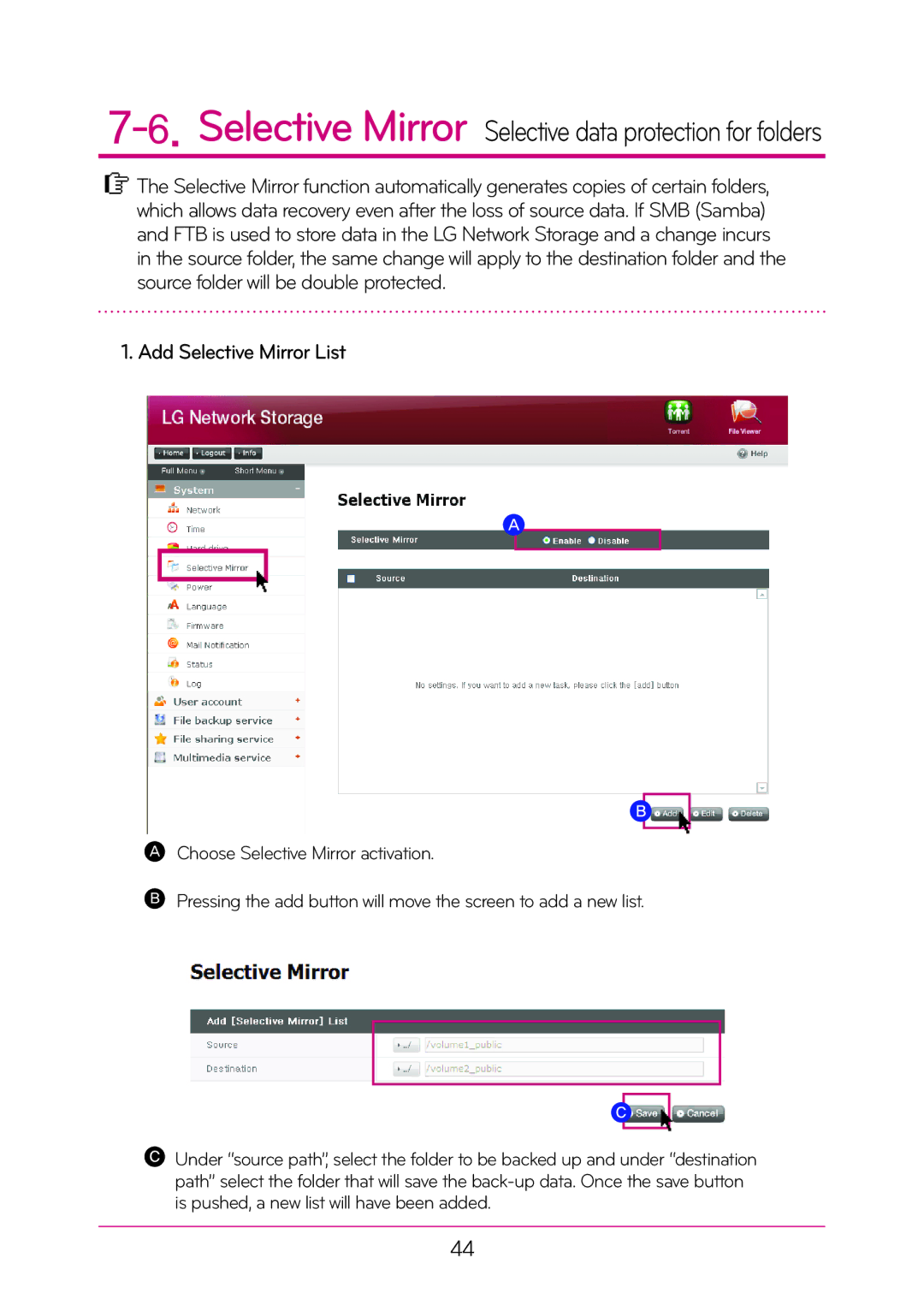 LG Electronics N2A2, N2T2 manual Selective Mirror Selective data protection for folders, Add Selective Mirror List 