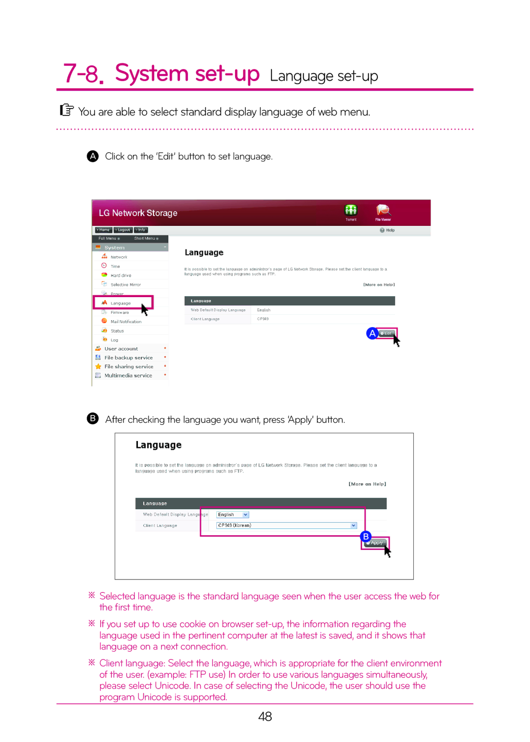 LG Electronics N2A2, N2T2 manual System set-up Language set-up, You are able to select standard display language of web menu 