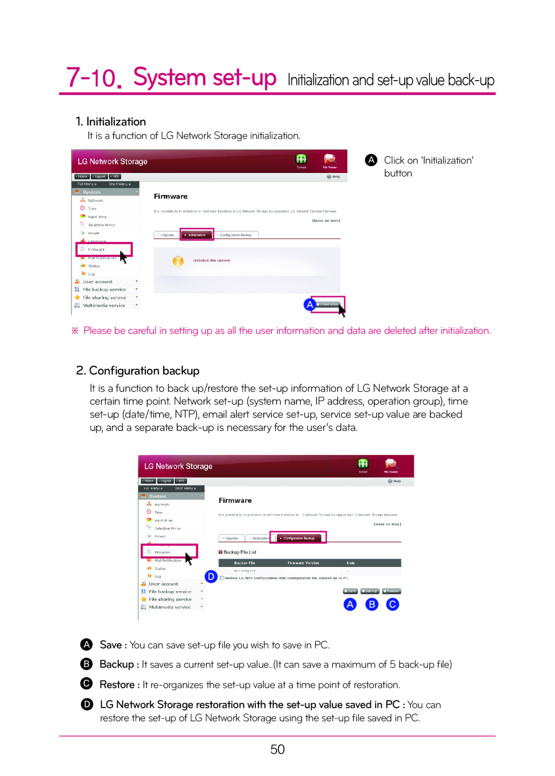 LG Electronics N2A2, N2T2 manual Initialization, Configuration backup 