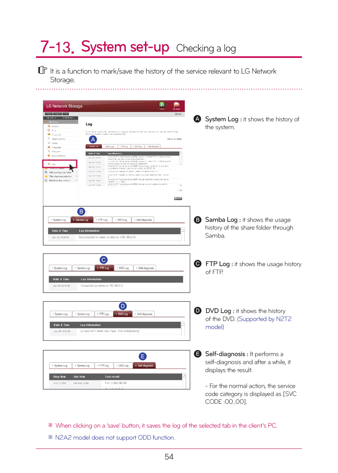 LG Electronics N2A2, N2T2 manual System set-up Checking a log 