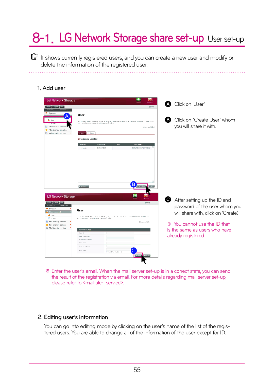 LG Electronics N2T2, N2A2 manual LG Network Storage share set-up User set-up, Editing user’s information 