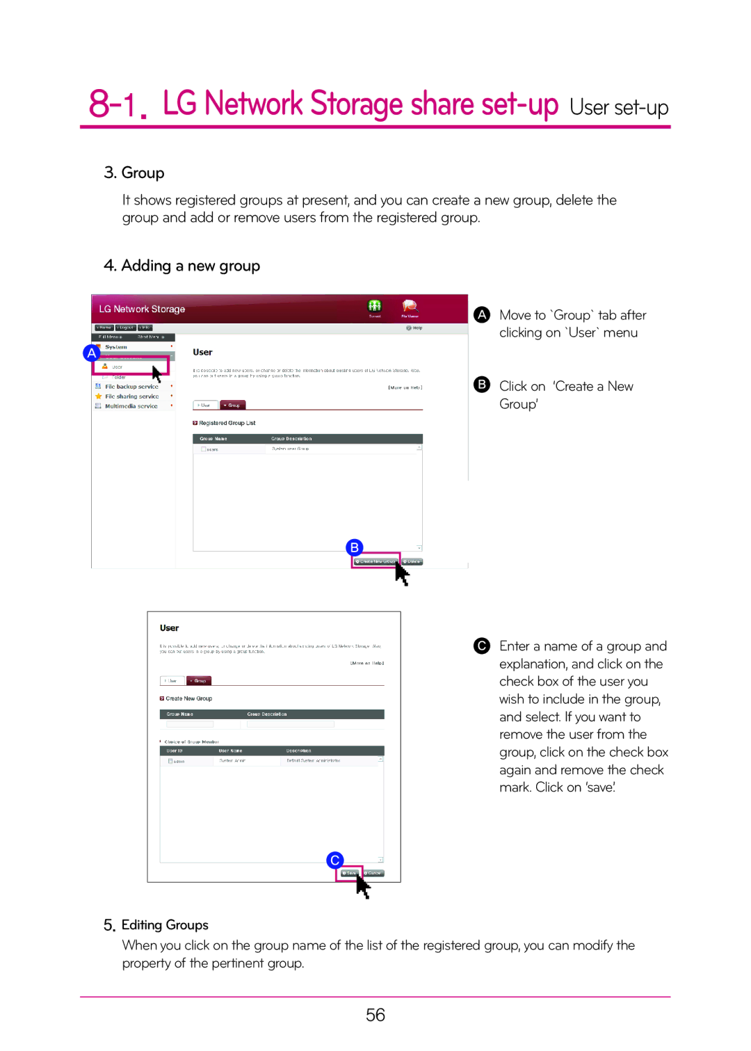 LG Electronics N2A2, N2T2 manual Group, Adding a new group 