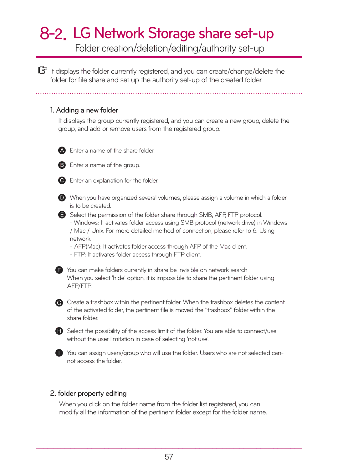 LG Electronics N2T2, N2A2 manual LG Network Storage share set-up, Folder creation/deletion/editing/authority set-up 
