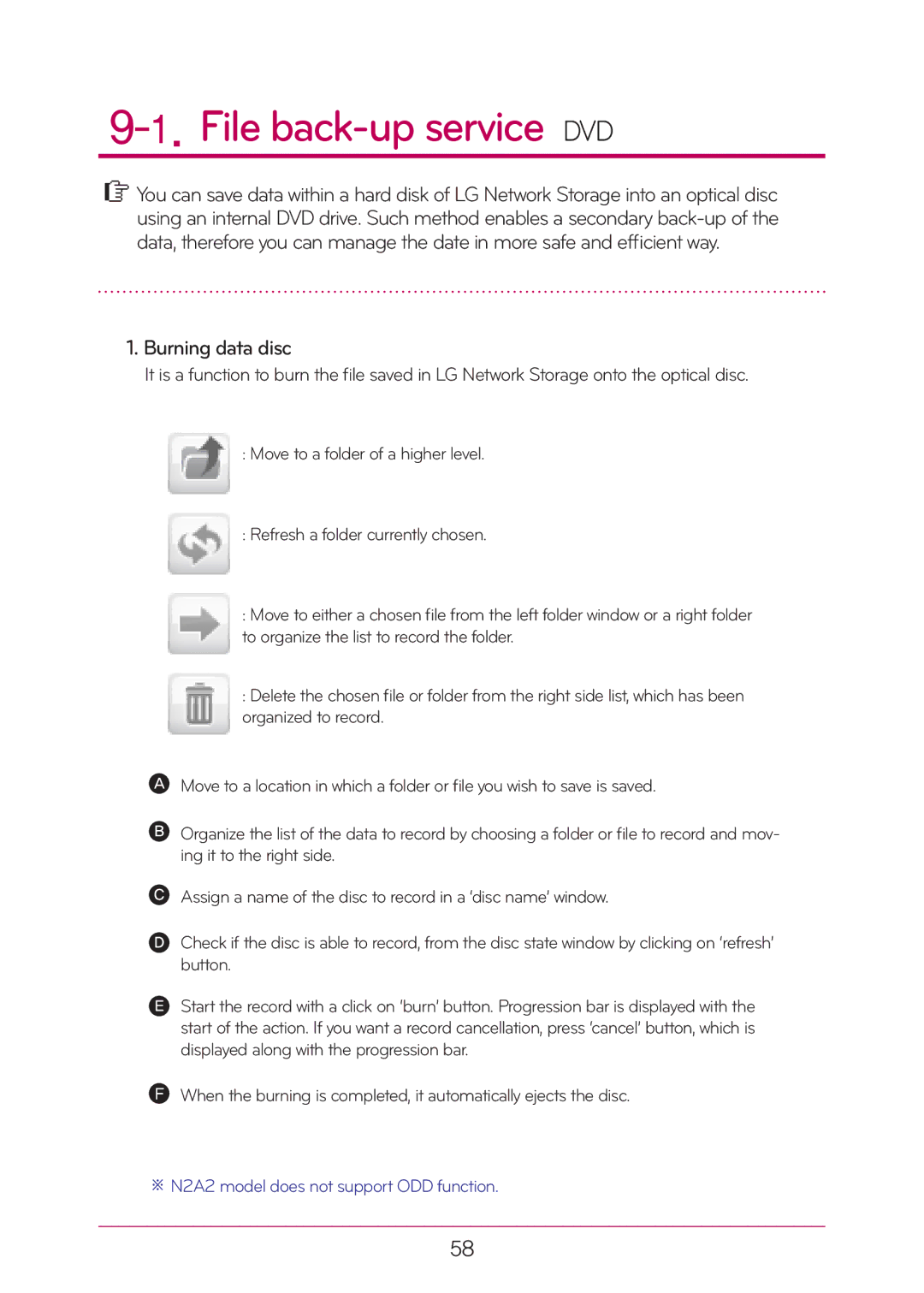 LG Electronics N2A2, N2T2 manual File back-up service DVD, Burning data disc 