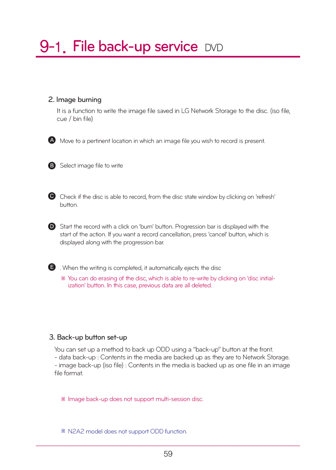 LG Electronics N2T2, N2A2 manual Image burning, Back-up button set-up 