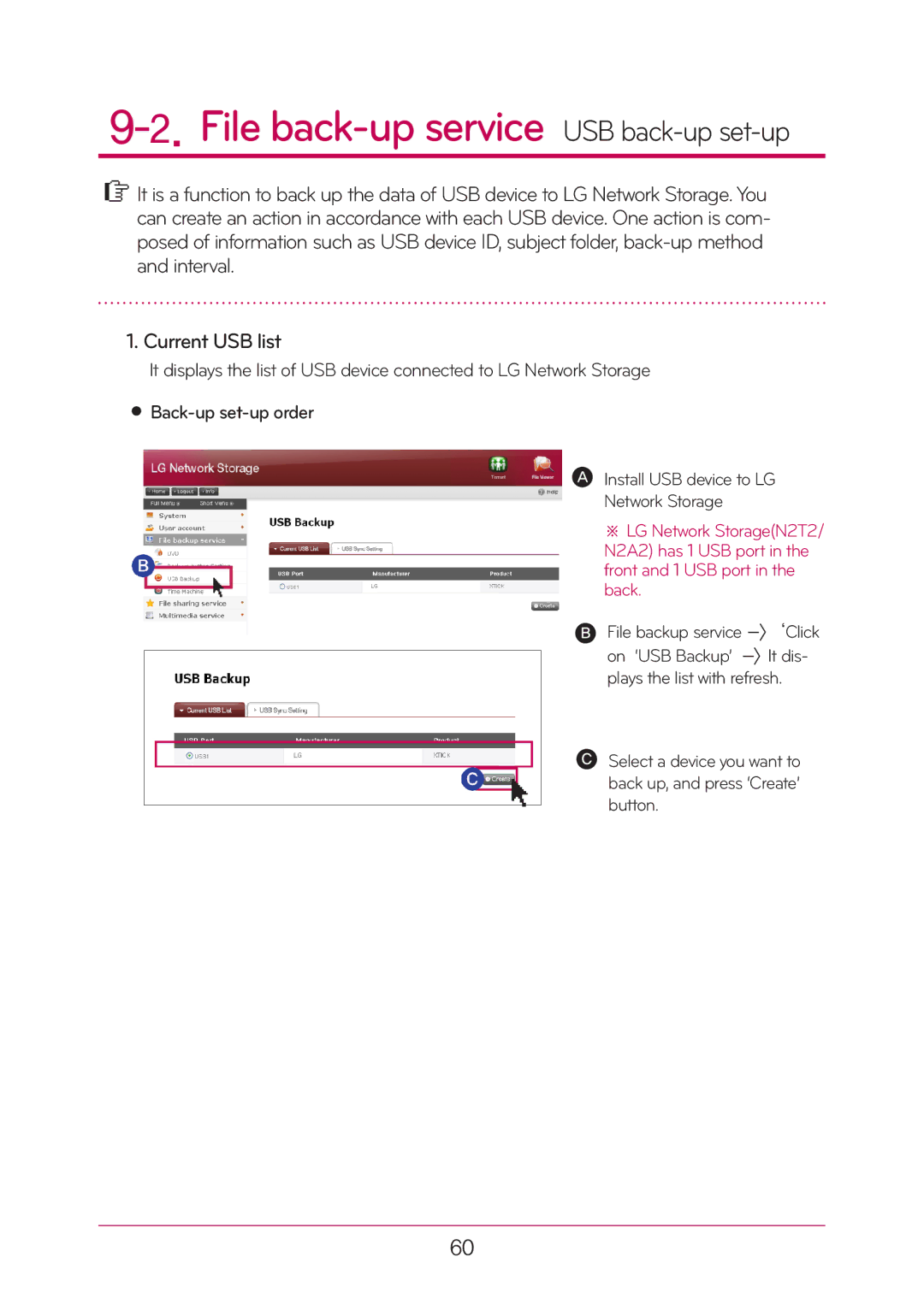 LG Electronics N2A2, N2T2 manual File back-up service USB back-upset-up 