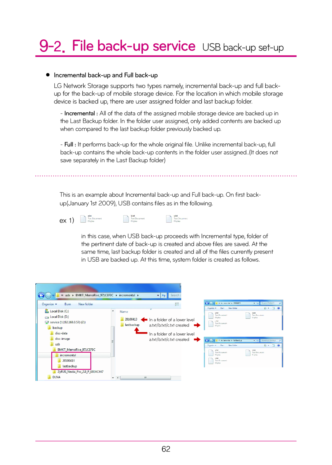 LG Electronics N2A2, N2T2 manual Incremental back-up and Full back-up 