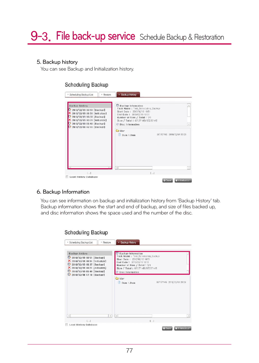 LG Electronics N2T2, N2A2 manual Backup history, Backup Information, You can see Backup and Initialization history 