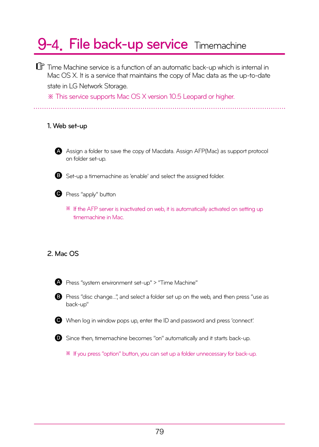 LG Electronics N2T2, N2A2 manual File back-up service Timemachine, State in LG Network Storage, Web set-up, Mac OS 