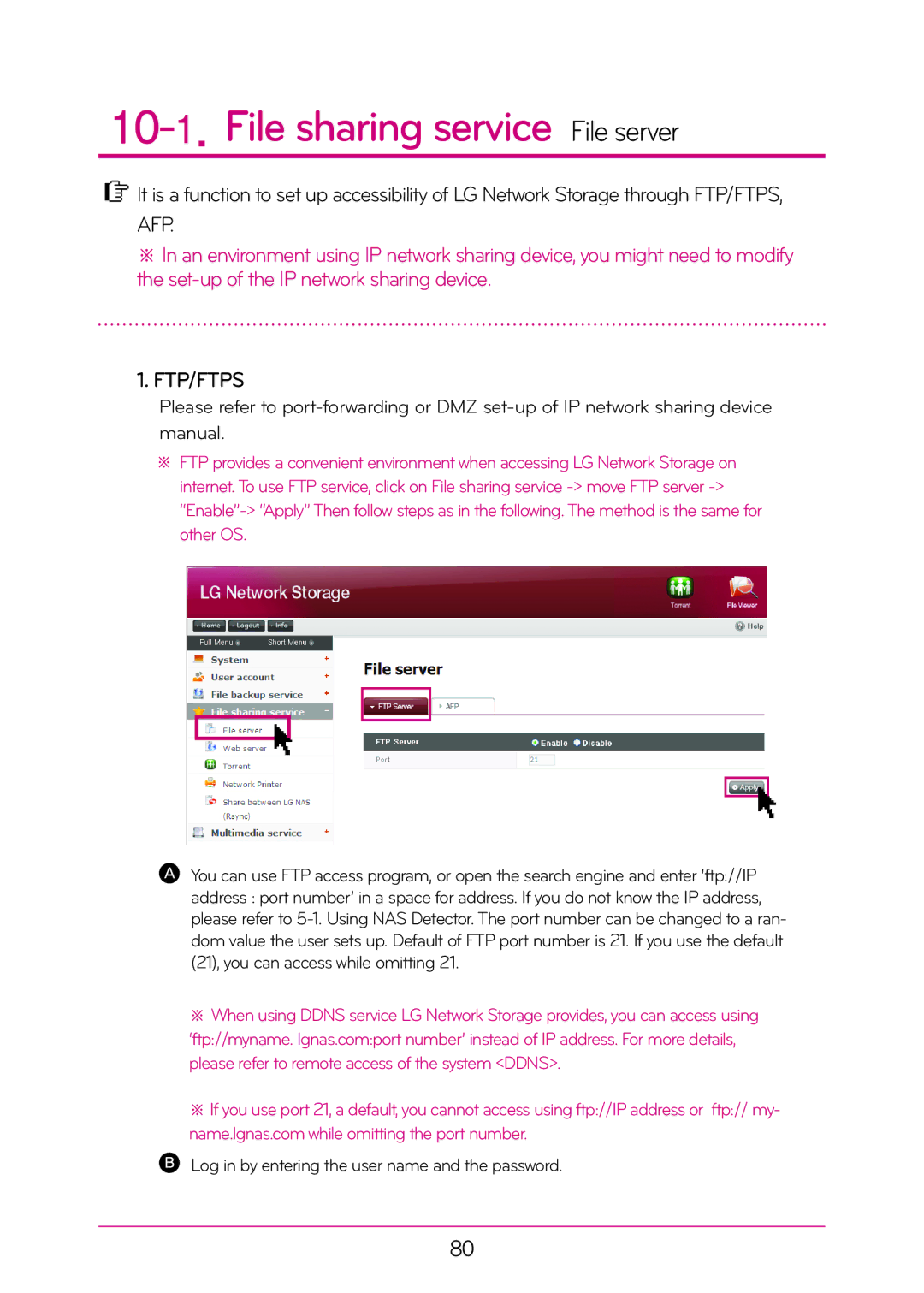 LG Electronics N2A2, N2T2 manual File sharing service File server, Ftp/Ftps 
