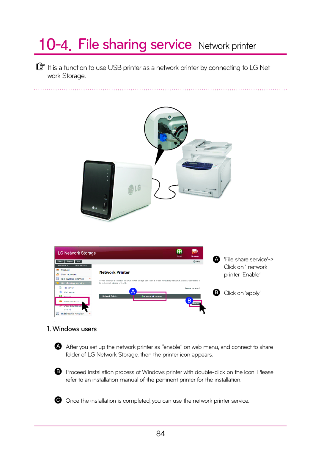 LG Electronics N2A2, N2T2 manual File sharing service Network printer, Windows users 