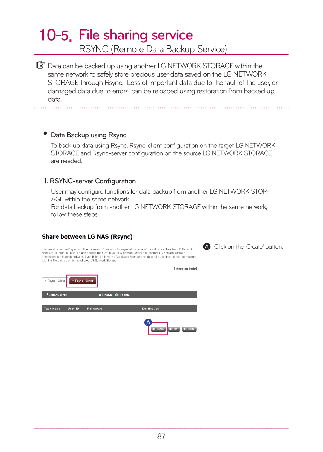 LG Electronics N2T2, N2A2 manual File sharing service, Rsync Remote Data Backup Service, RSYNC-server Configuration 