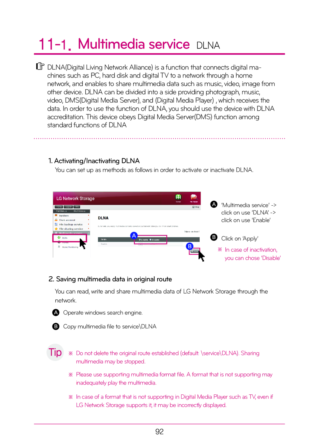 LG Electronics N2A2, N2T2 Multimedia service Dlna, Activating/Inactivating Dlna, Saving multimedia data in original route 