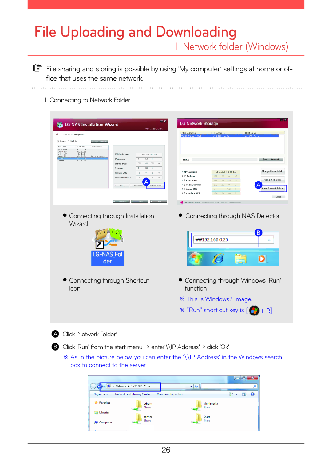 LG Electronics N2A2, N2R5, N1A1, N1T1, N1T3, N2B5 owner manual File Uploading and Downloading, Network folder Windows 
