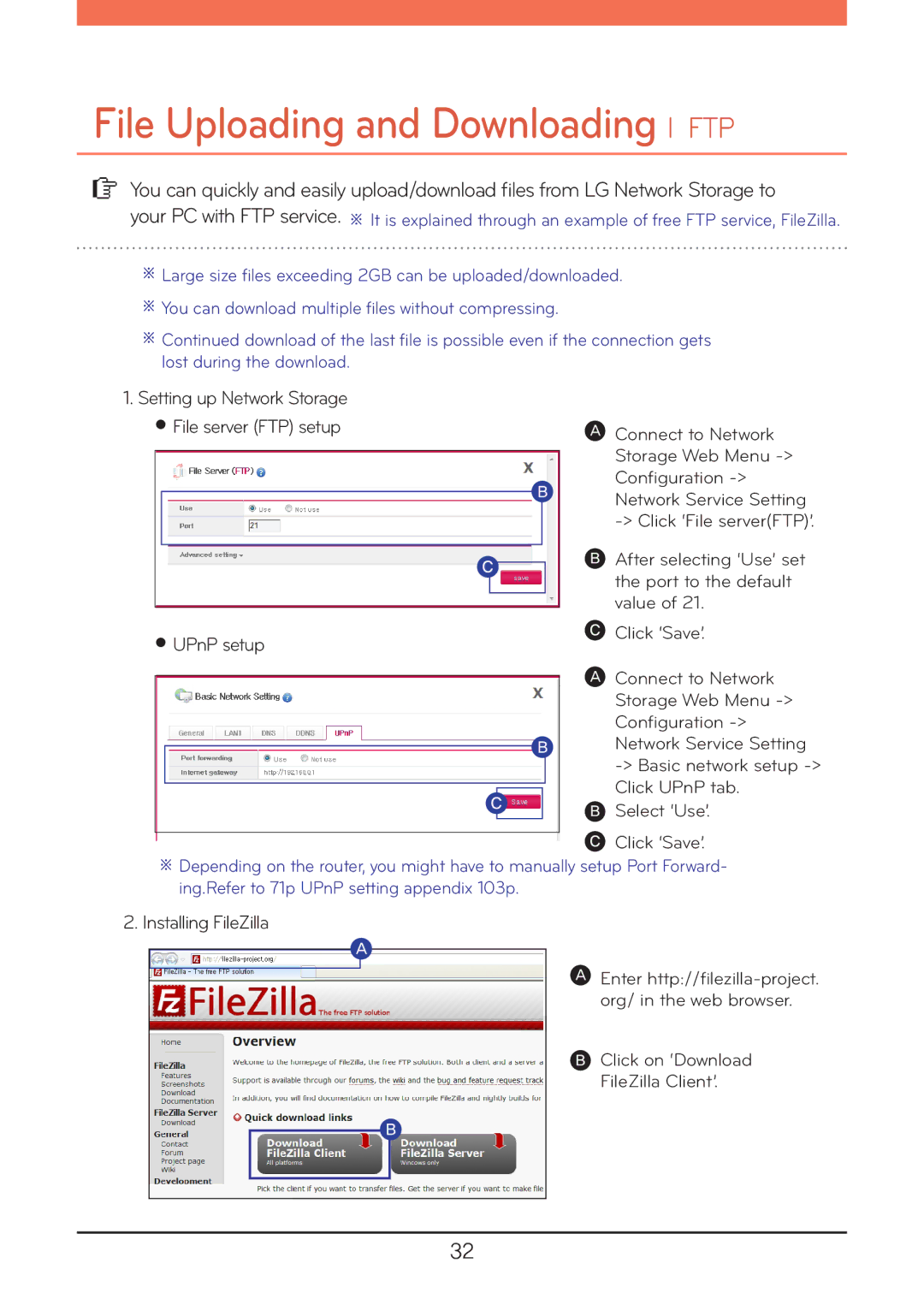 LG Electronics N2A2, N2R5, N1A1, N1T1, N1T3 Setting up Network Storage File server FTP setup UPnP setup, Installing FileZilla 