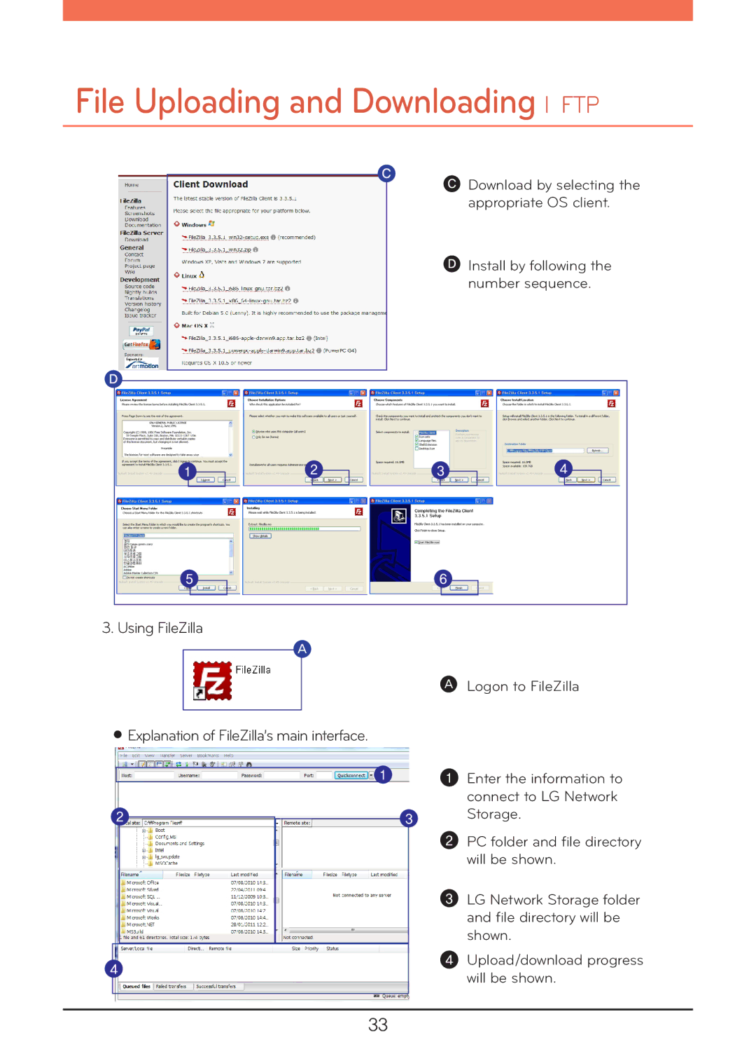 LG Electronics N1T1, N2R5, N1A1, N2A2, N1T3 Using FileZilla, Explanation of FileZilla’s main interface, Logon to FileZilla 