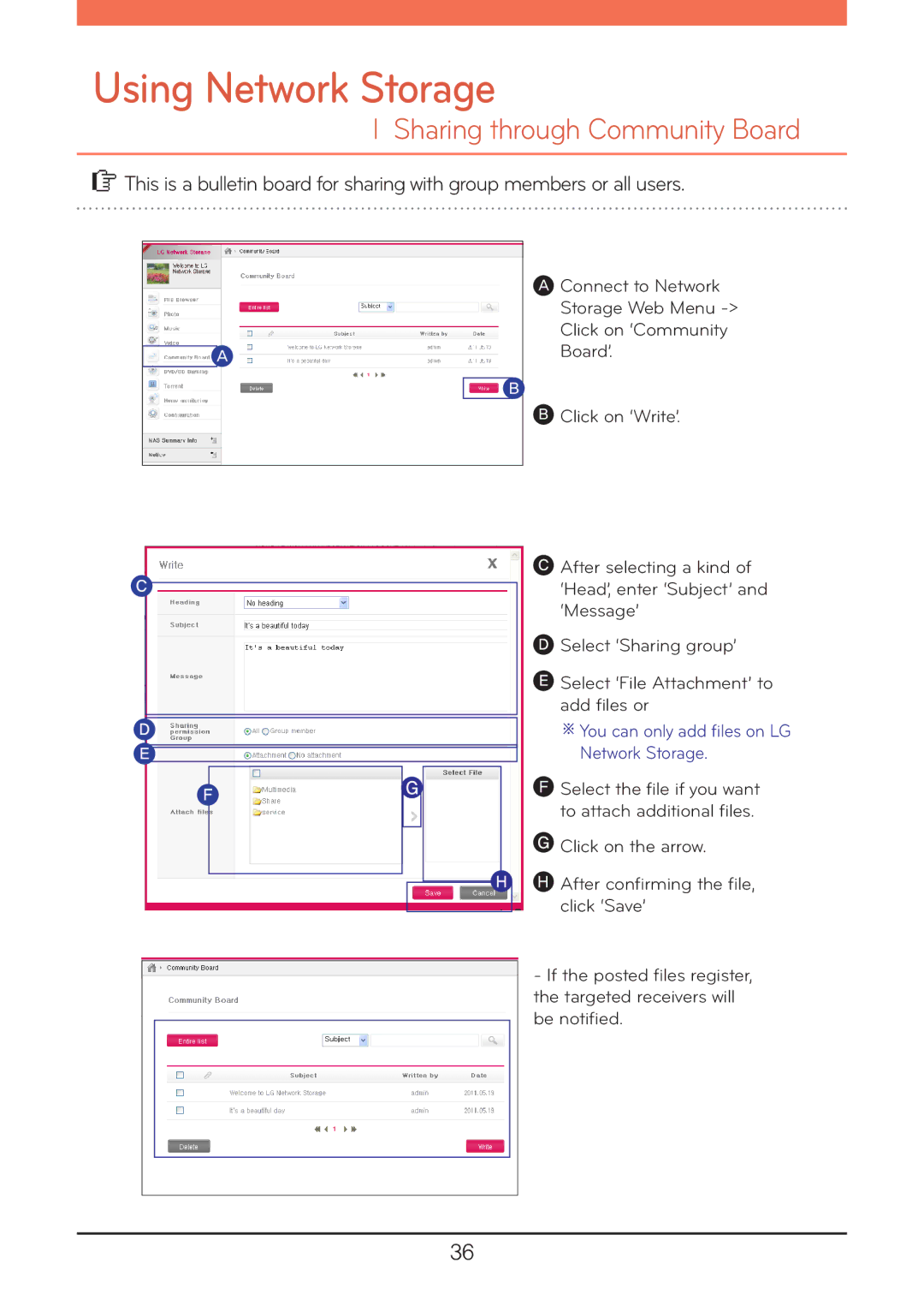 LG Electronics N2R5, N1A1, N2A2, N1T1, N1T3, N2B5 owner manual Using Network Storage, Sharing through Community Board 