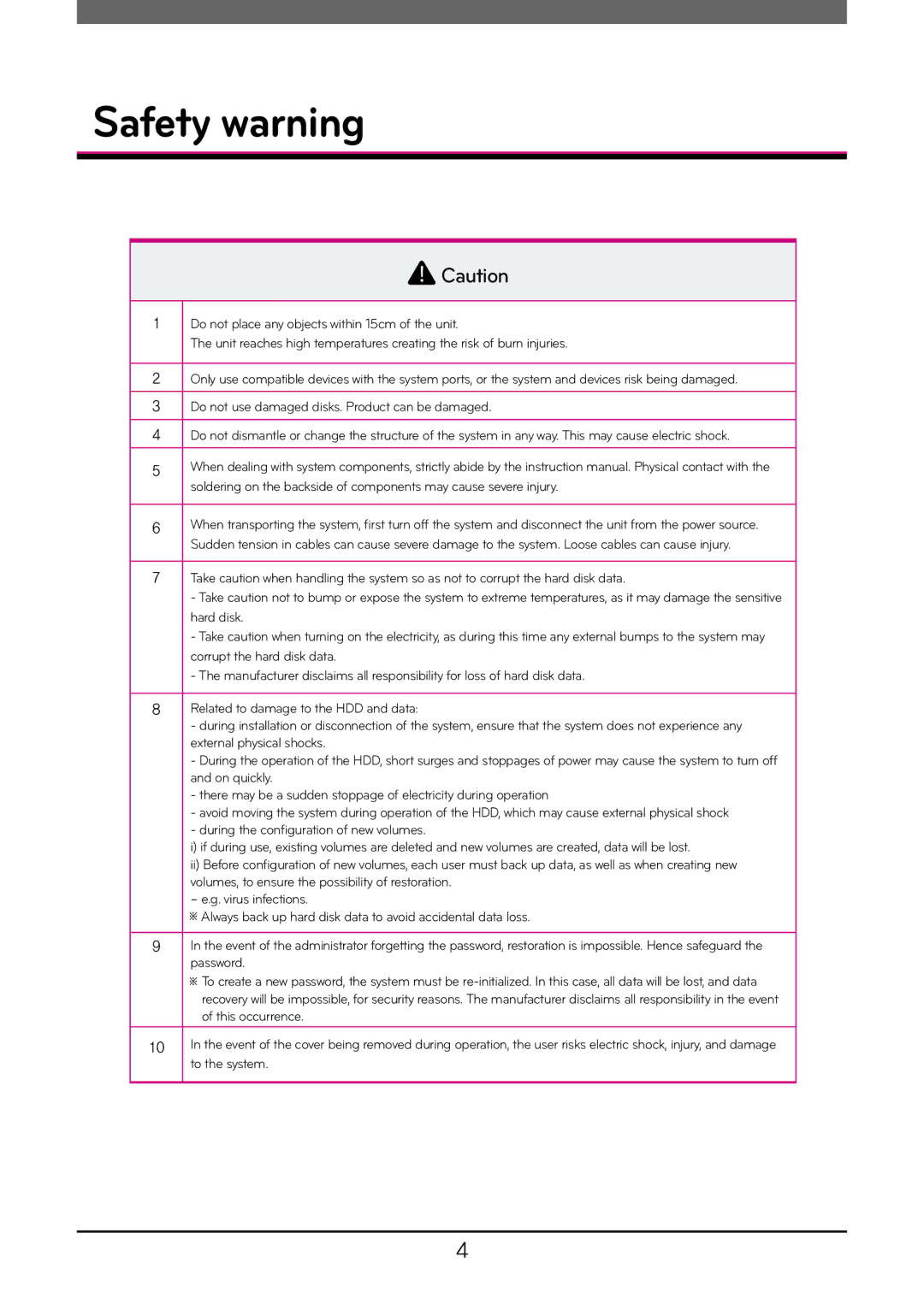 LG Electronics N1T3, N2R5, N1A1, N2A2, N1T1, N2B5 owner manual Safety warning 