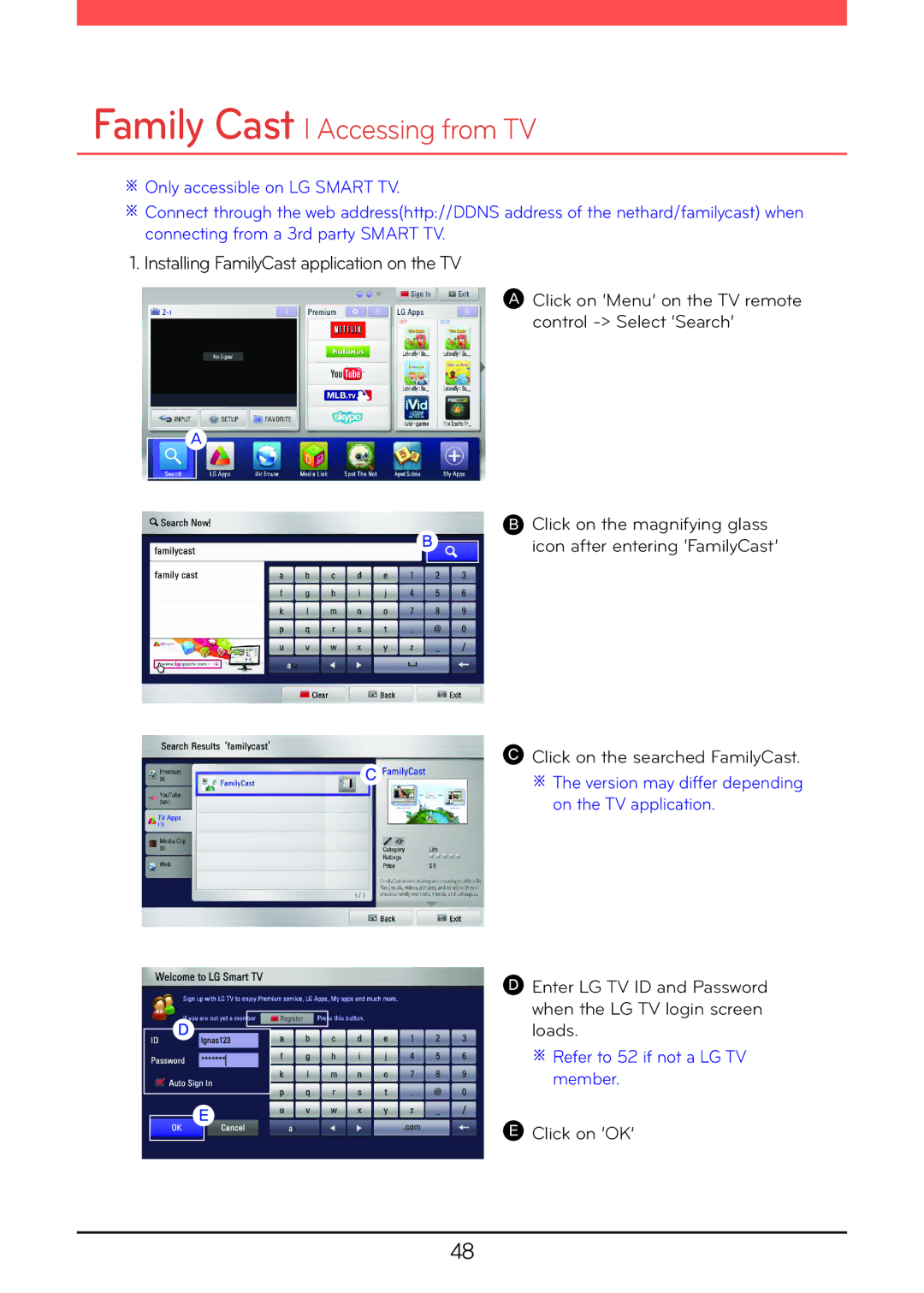 LG Electronics N2R5, N1A1, N2A2, N1T1, N1T3, N2B5 Family Cast l Accessing from TV, Installing FamilyCast application on the TV 