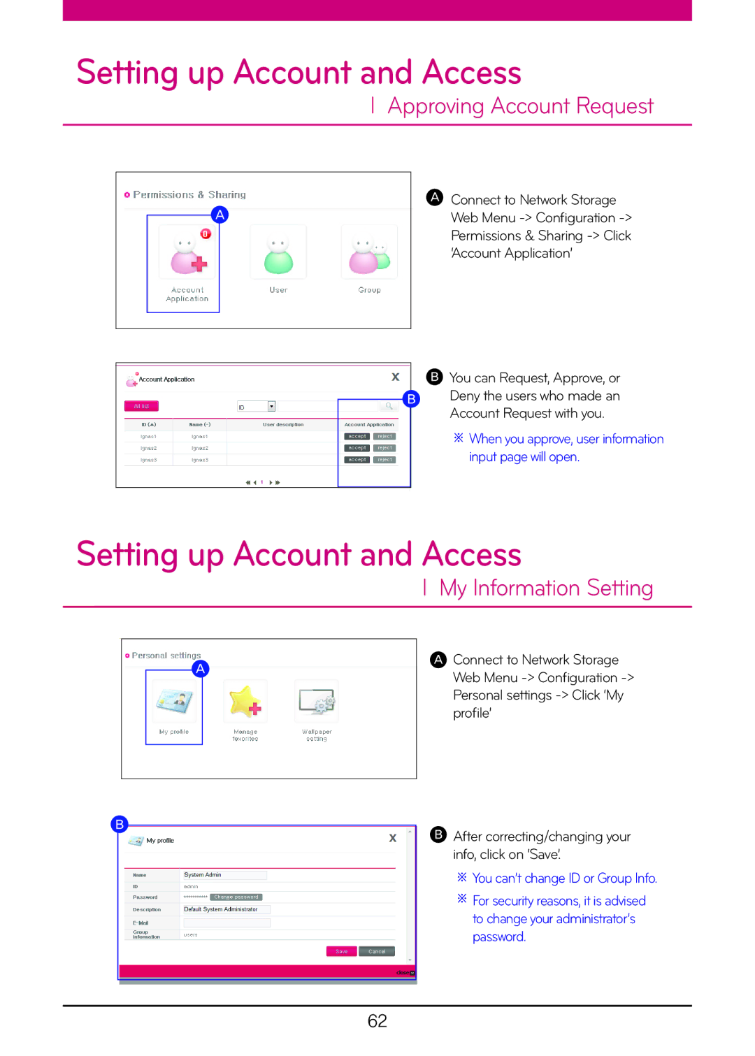 LG Electronics N2A2, N2R5, N1A1, N1T1, N1T3, N2B5 owner manual Approving Account Request, My Information Setting 