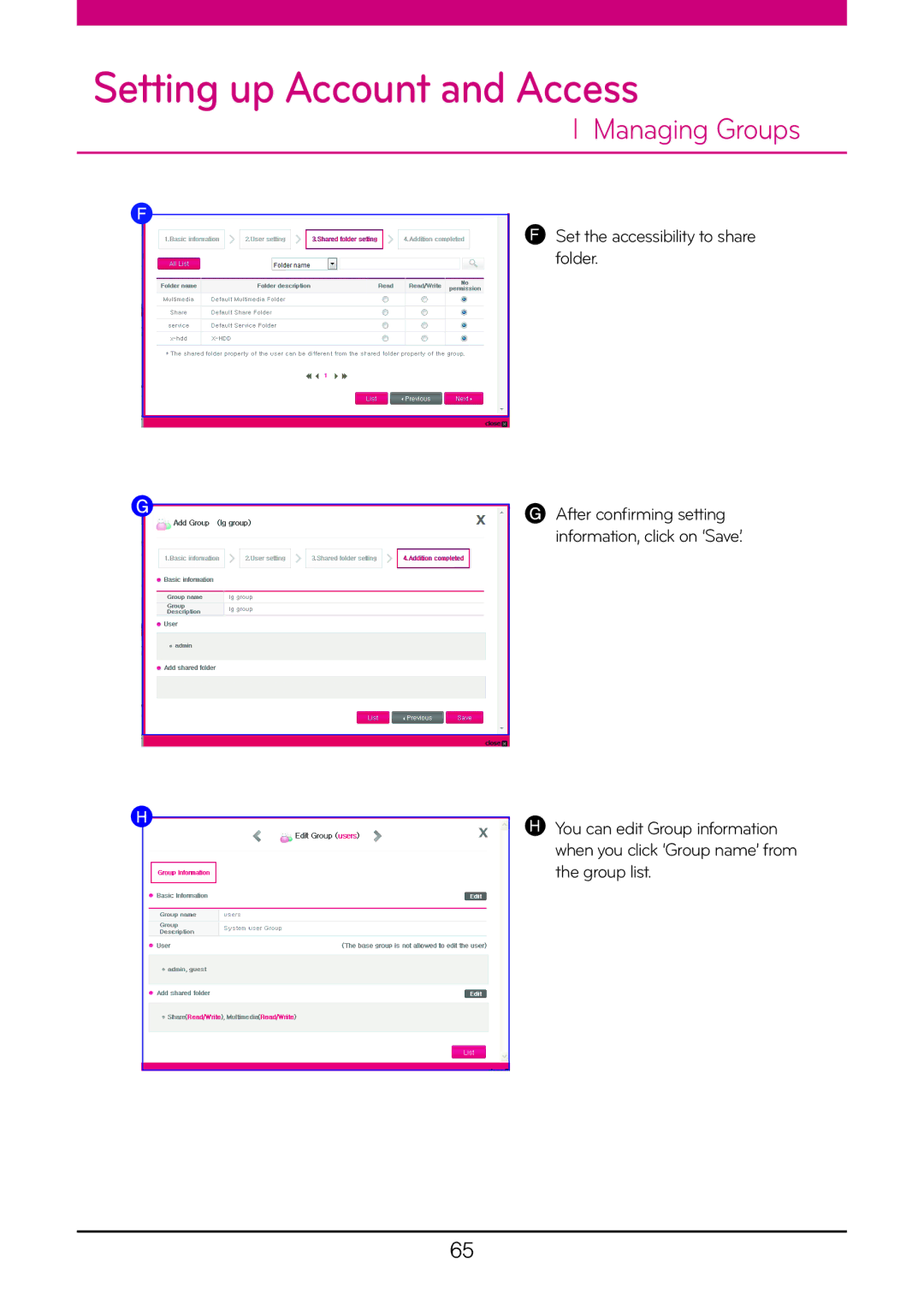 LG Electronics N2B5, N2R5, N1A1, N2A2, N1T1, N1T3 owner manual Set the accessibility to share folder 