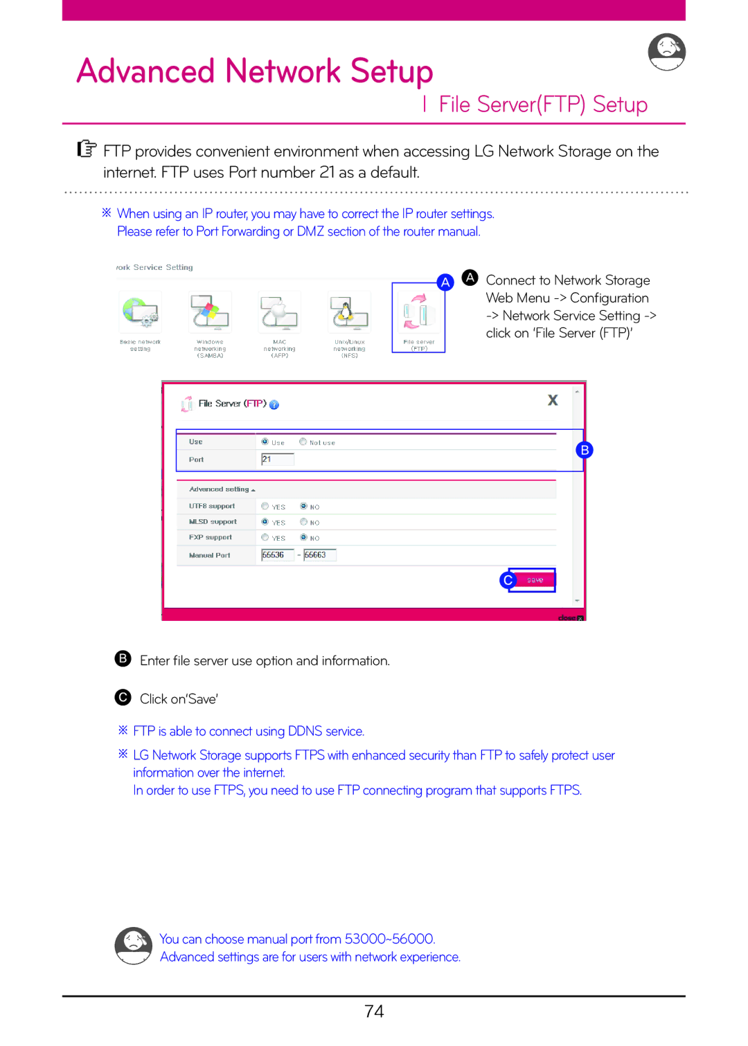 LG Electronics N2A2, N2R5, N1A1, N1T1, N1T3, N2B5 Advanced Network Setup, File ServerFTP Setup, Click on ‘File Server FTP’ 