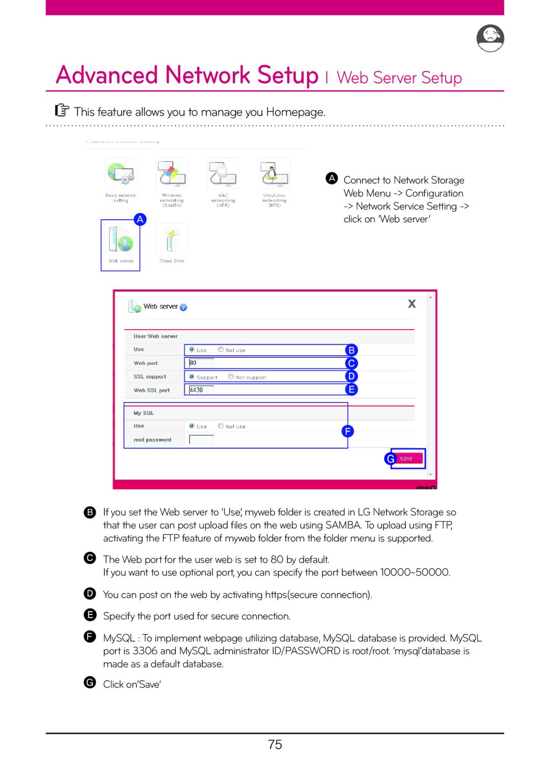 LG Electronics N1T1, N2R5, N1A1 Advanced Network Setup l Web Server Setup, This feature allows you to manage you Homepage 