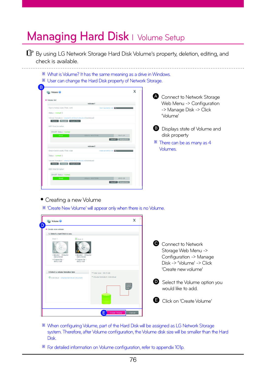 LG Electronics N1T3 Managing Hard Disk l Volume Setup, Creating a new Volume, Manage Disk Click, ‘Volume’, Disk property 