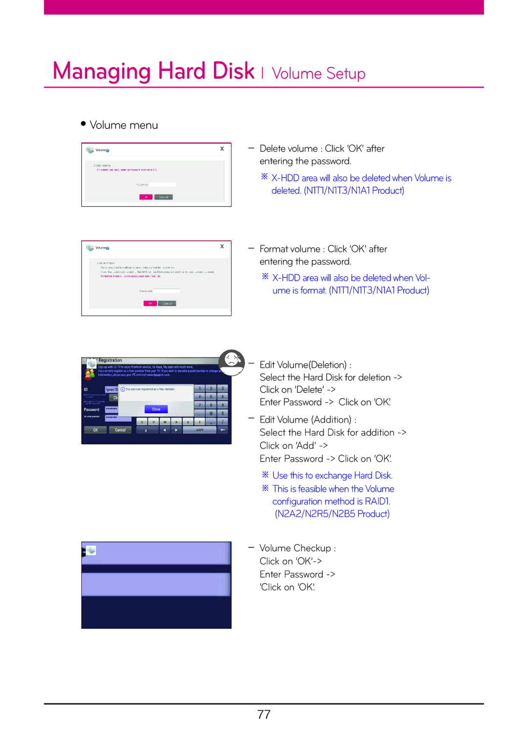 LG Electronics N2B5, N2R5, N1A1, N2A2, N1T1, N1T3 owner manual Volume menu, Delete volume Click ‘OK’ after entering the password 