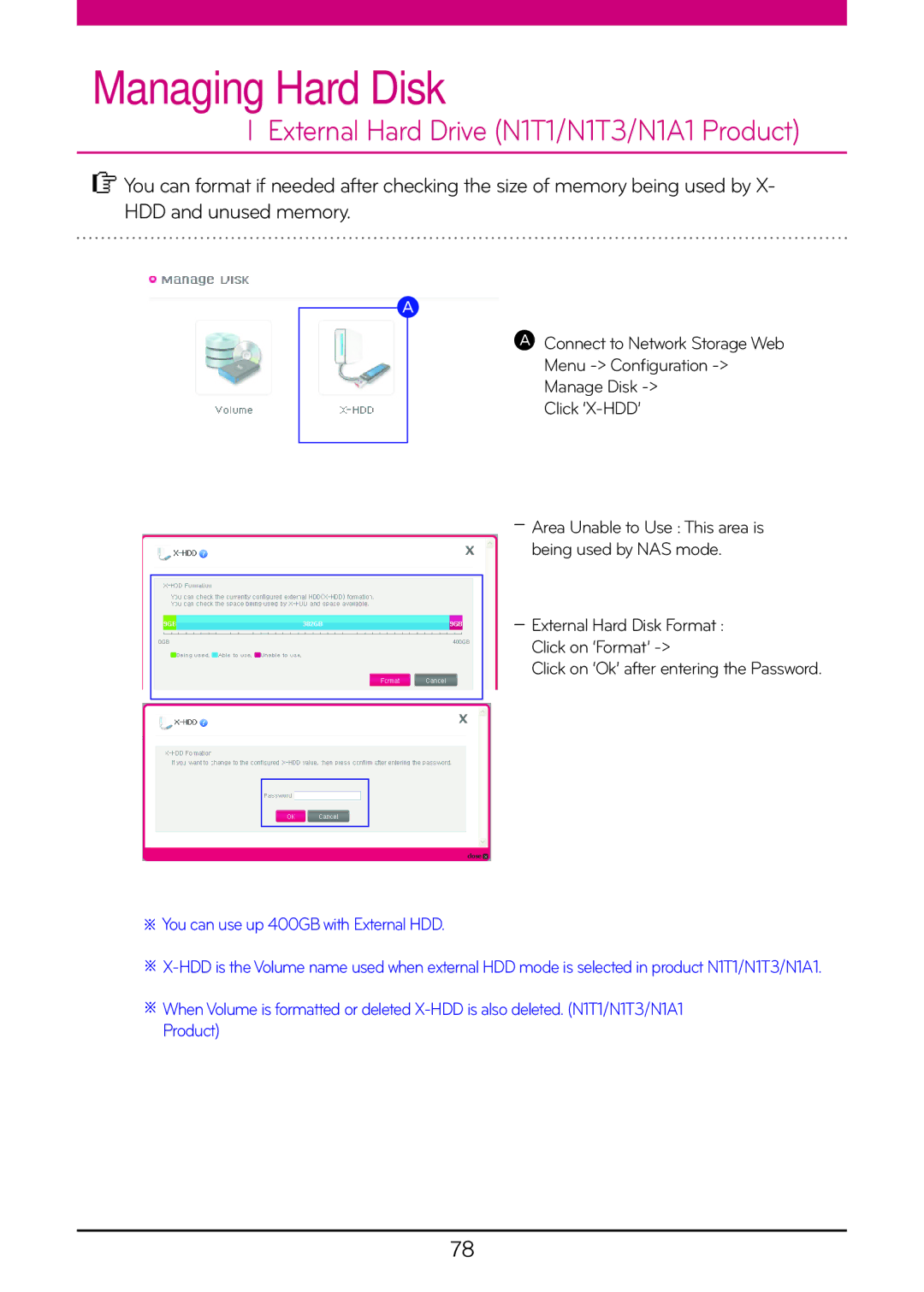 LG Electronics N2R5, N2A2, N2B5 owner manual Managing Hard Disk, External Hard Drive N1T1/N1T3/N1A1 Product 