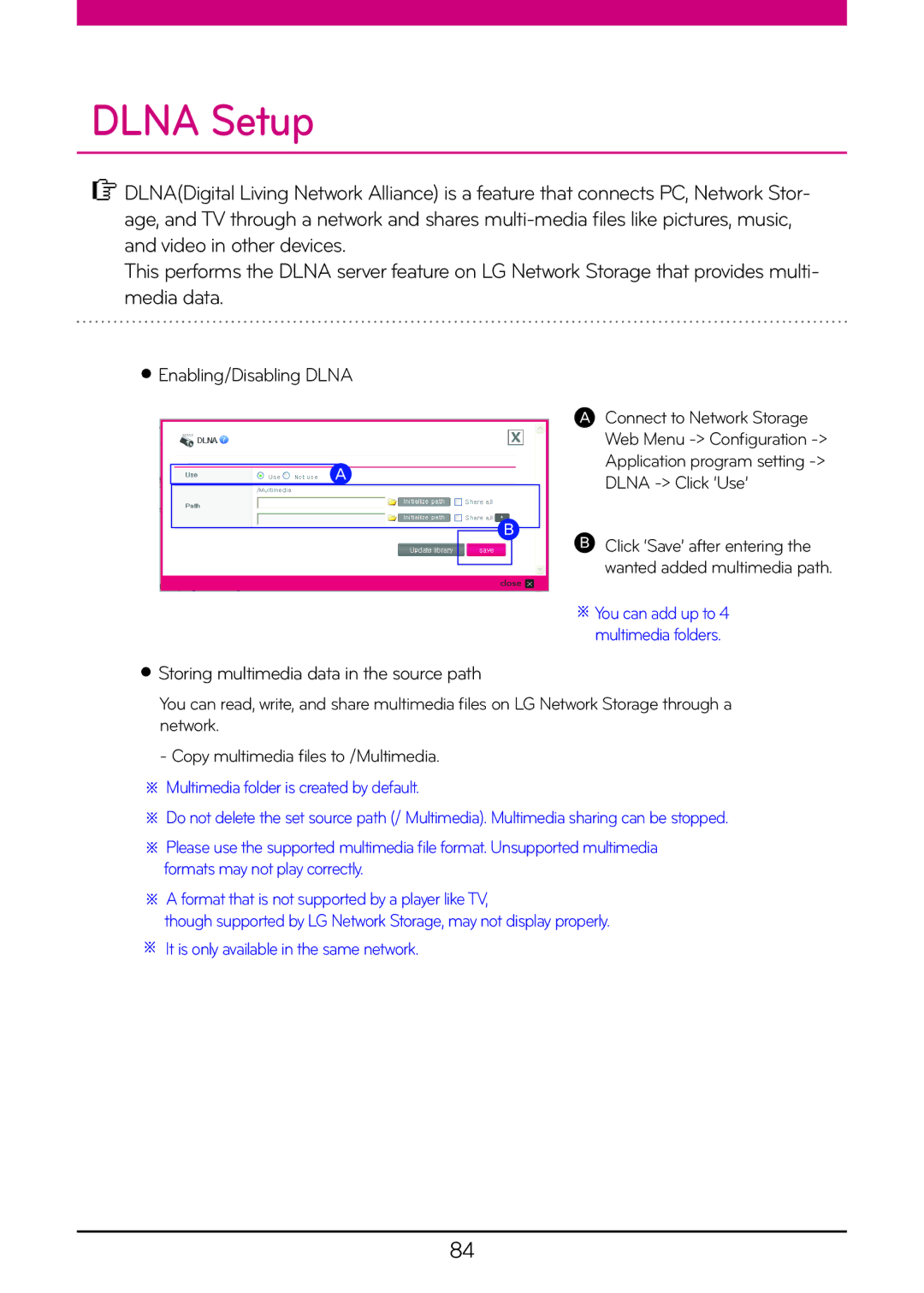 LG Electronics N2R5, N1A1, N2A2, N1T1, N1T3, N2B5 owner manual Dlna Setup 